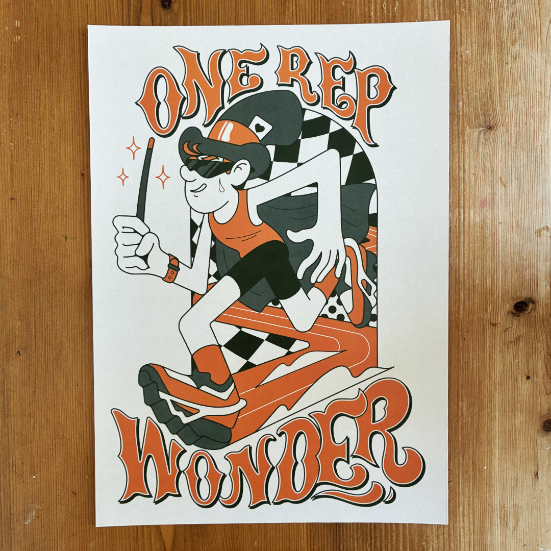 Poster with a stylised illustration of a person running and text 'ONE REP WONDER'